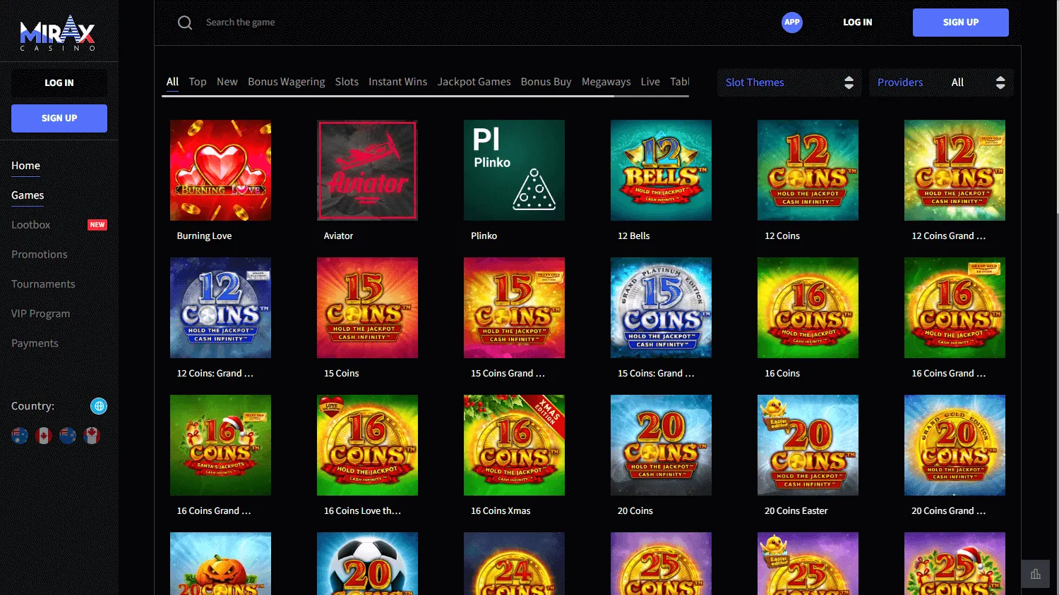 Mirax Casino game selection on desktop