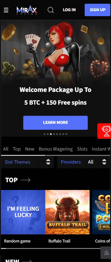 Mirax Casino home screen on a mobile device