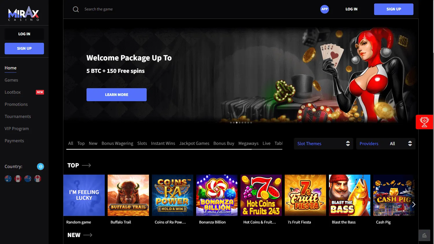 Mirax Casino home screen on desktop