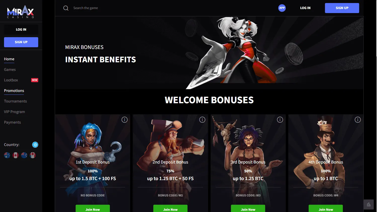 Mirax Casino promotions on desktop